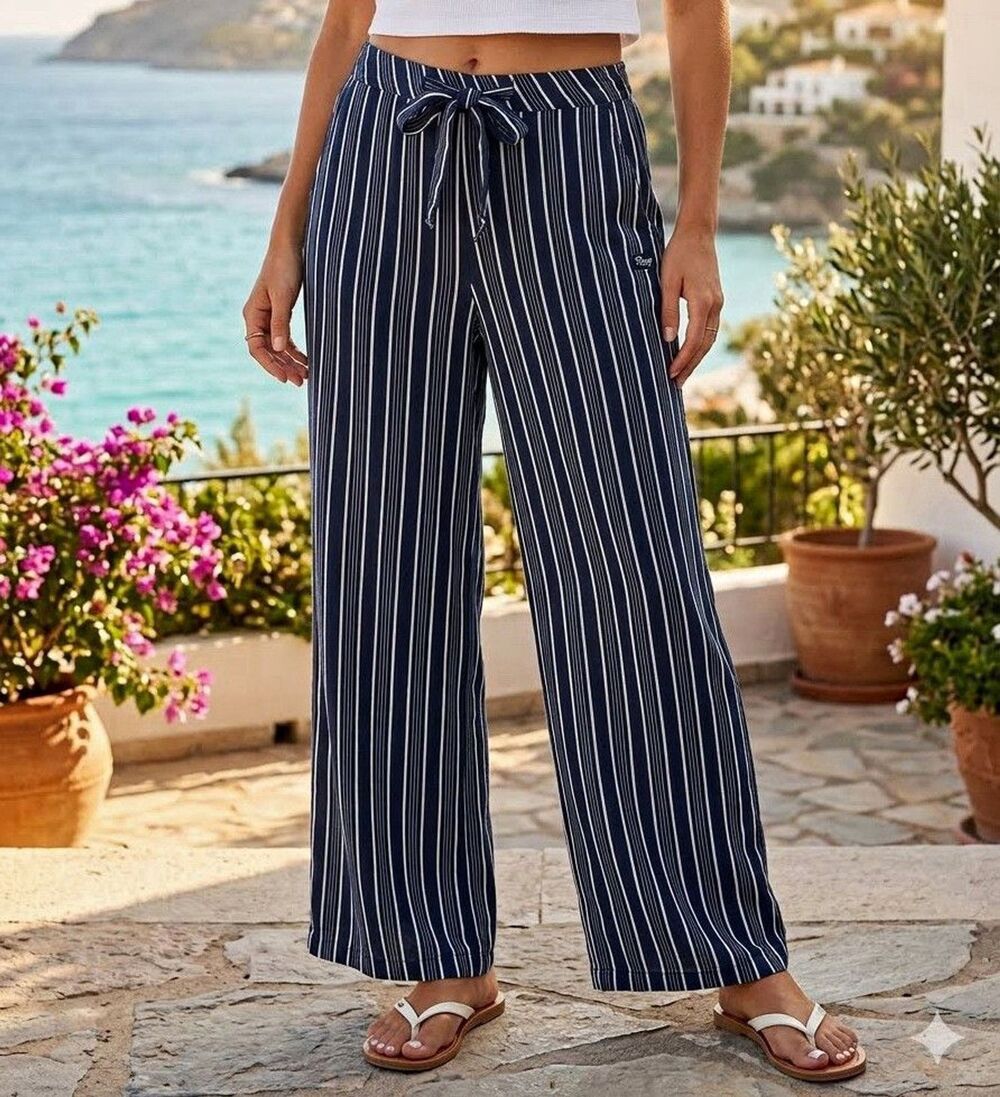ROXY Pants S Blue White Nautical w/ Pockets Casual Trousers Natural Fibers